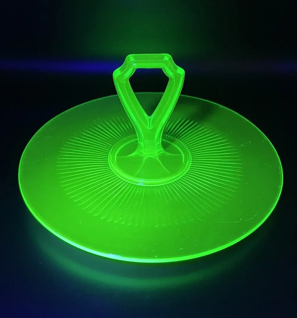 Green Uranium Depression Glass Sandwich Server Tidbit Tray 10.5” Center Handle